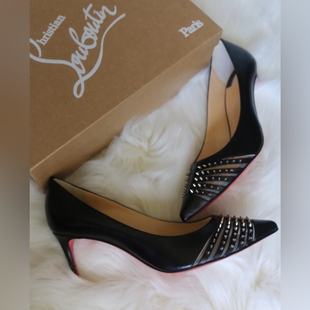 NIB Christian Louboutin Bareta 70 Black Silver Spike Heel Pump Shoe 37.5 $895